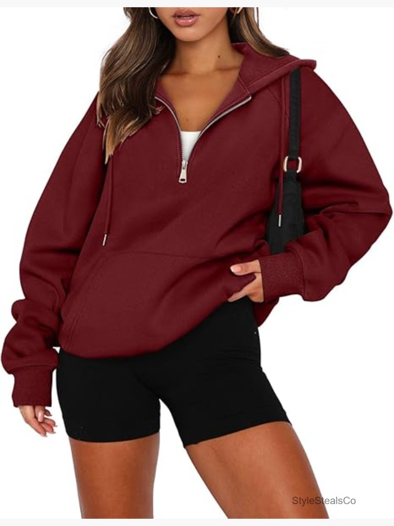 Women Half Zip Fleece Hooded Sweatshirt With Kangaroo Pocket